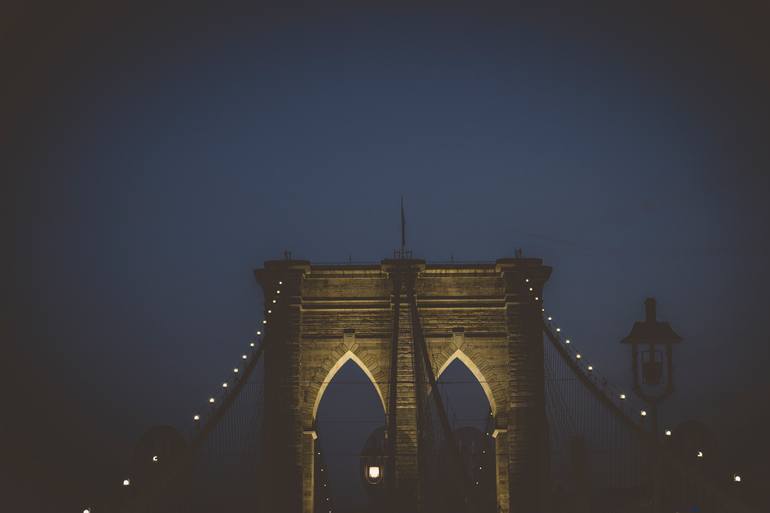 Original Architecture Photography by Christopher Warrick | Black & White Art on Paper | Nightfall on the Brooklyn Bridge
