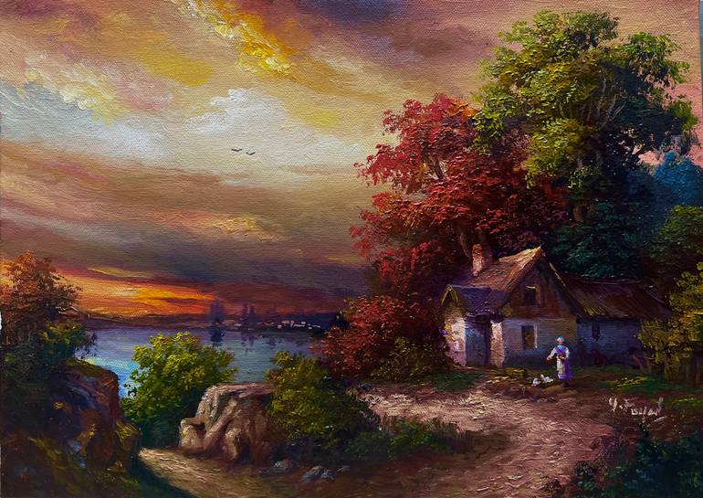 Original Landscape Painting by Yasser Fayad | Impressionism Art on Canvas | Sunset Radiance: The Lakeside Cottage By Yasser Fayad