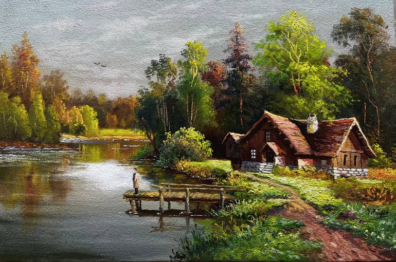 Original Landscape Painting by Yasser Fayad | Realism Art on Canvas | Solitude By The Lake By Yasser Fayad