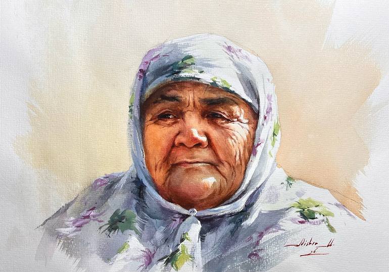 Original People Painting by Alisher Matchanov | Portraiture Art on Paper | Whispers of Time: The Central Asian Mother