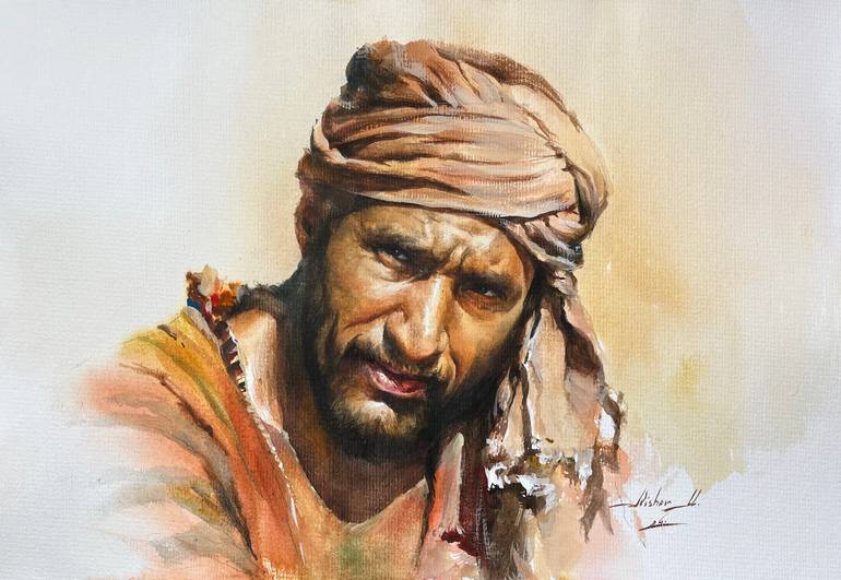 Original People Painting by Alisher Matchanov | Portraiture Art on Paper | The Desert Traveler