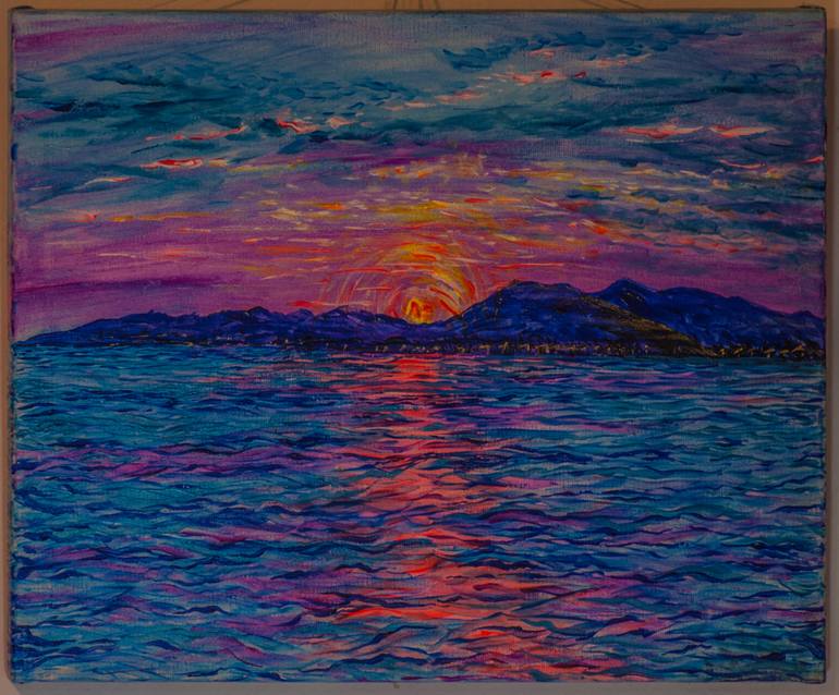 Original Seascape Painting by Andrey Mozharovskiy | Neo-impressionism Art on Canvas | Sunset on the Adriatic Sea. Ulcinj. Velika plaza.