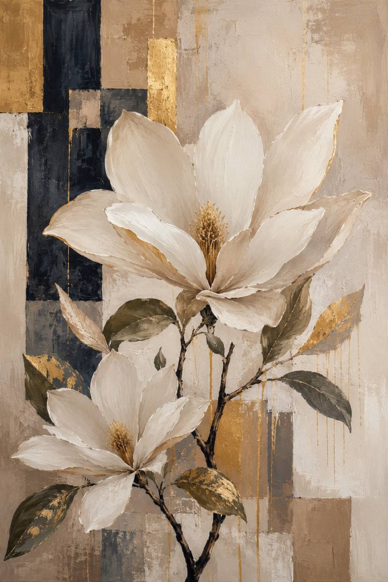 Original Floral Digital by Poonam Acharya | Abstract Art on Other | White Magnolia Gold Abstract