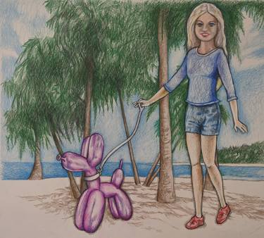 Barbie walking Koonsballoon dog in SecondLife on the beach thumb