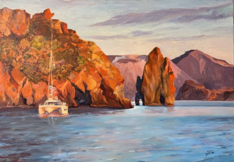 Original Boat Painting by Iryna Barabash | Impressionism Art on Canvas | A Sunset Memory from the Sicilian Sea 100/80 cm