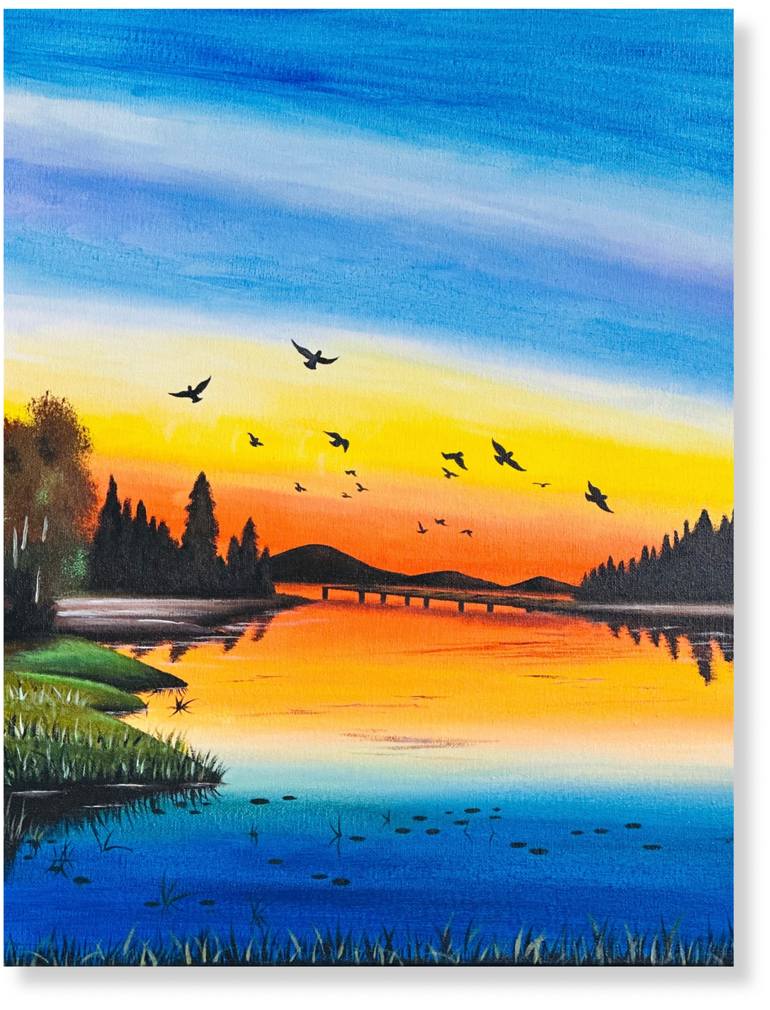Original Sunset Painting by Nuza Rushly | Art Deco Art on Canvas | Golden hour flight over the lake