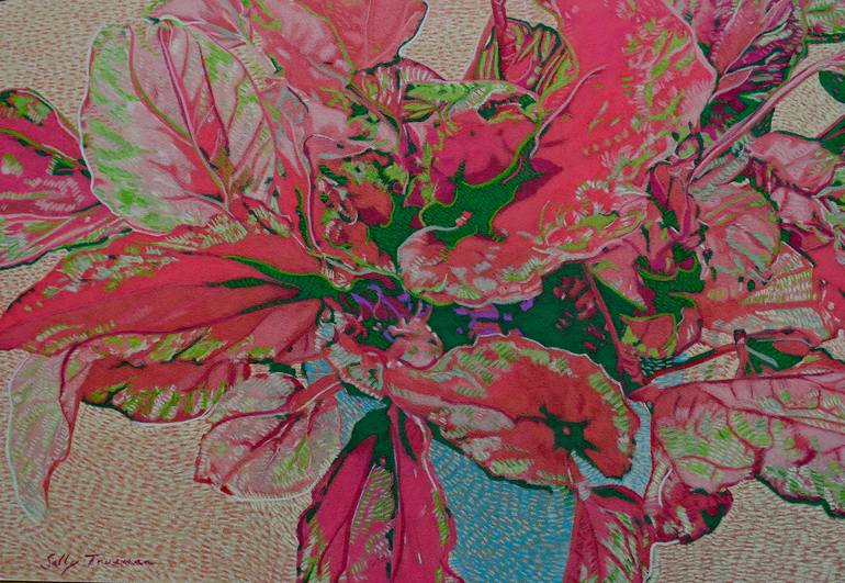 Original Botanic Painting by Sally Trueman | Contemporary Art on Other | Blush of Wild Leaves - Red Begonia