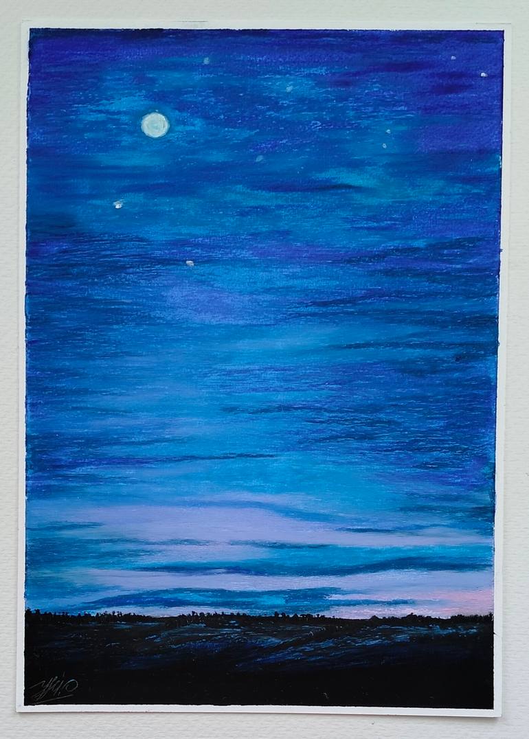 Original Landscape Drawing by Olha Ubasnikova | Contemporary Art on Paper | The Velvet of the Night. Sky Tetraptych