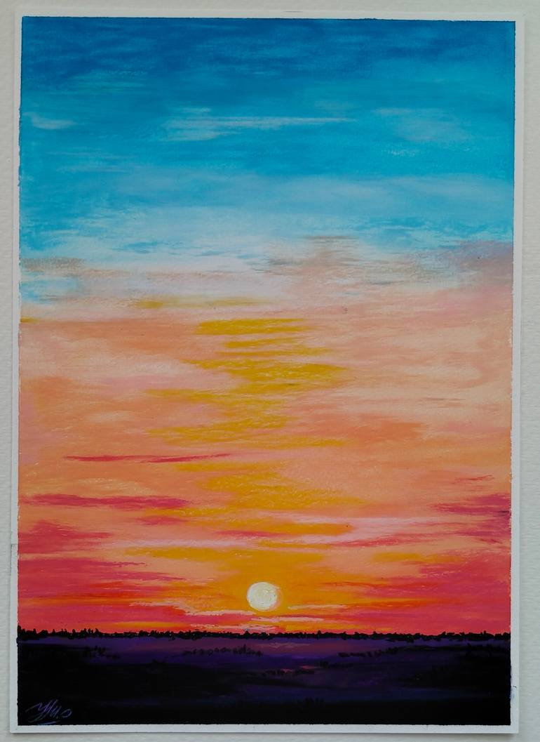 Original Sunset Drawing by Olha Ubasnikova | Contemporary Art on Paper | The Warm Home of My Childhood - Sunrise Painting
