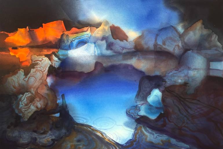 Original Fantasy Painting by Weimin Yuan | Abstract Expressionism Art on Paper | The Lake in My Heart