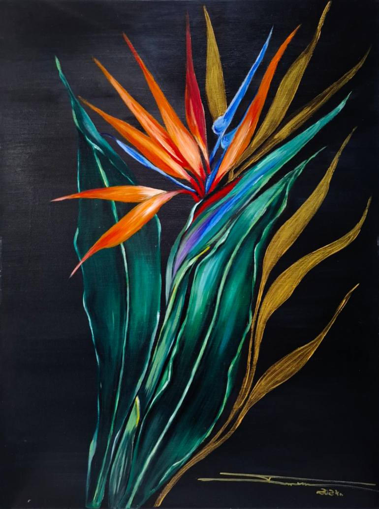 Original Floral Painting by Boriana Kostova  Illustration Art on Canvas  Strelitzia