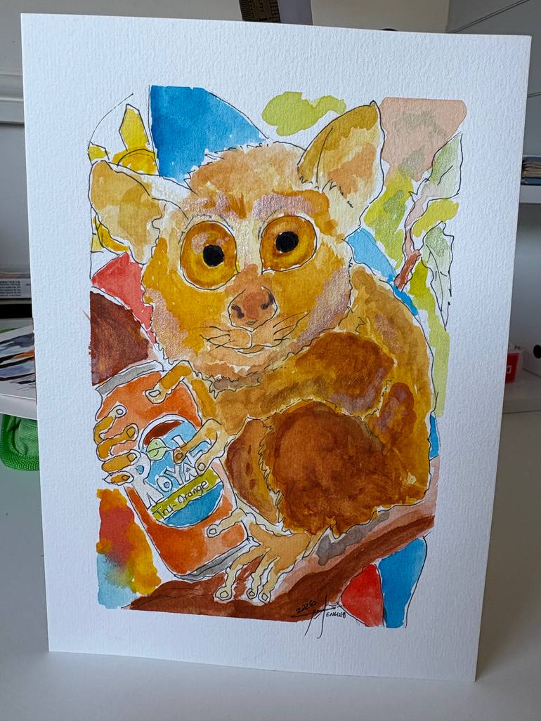 Original Animal Painting by Minerva English | Art Deco Art on Corrugated Cardboard | The Tarsier's Way |Quirky Whimsical Watercolour Painting