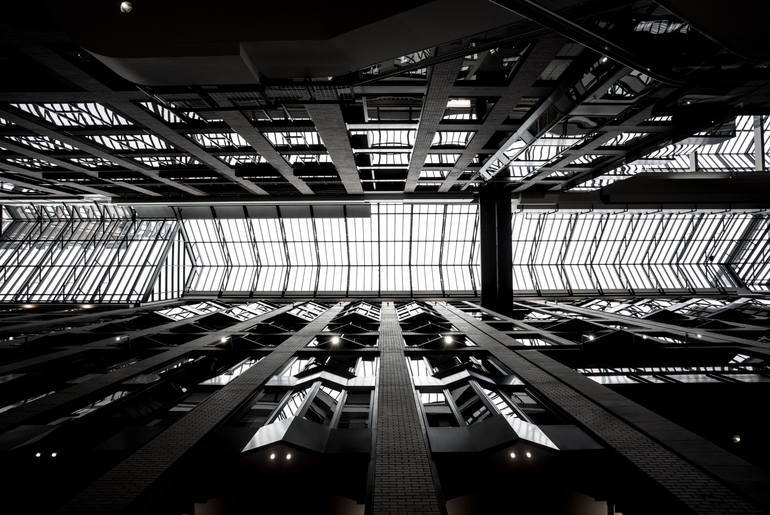 Original Architecture Photography by Shiang Yu Yang | Abstract Art on Canvas | The Grid Overhead: Monolithic Skybridge and Atrium