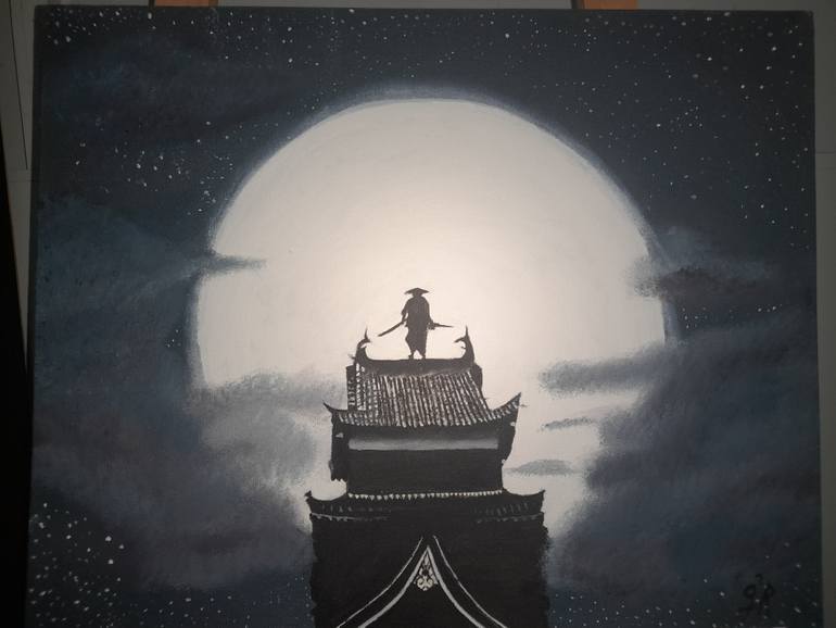 Original Cartoon Painting by Geraldine Rivera | Black & White Art on Canvas | the ninja night
