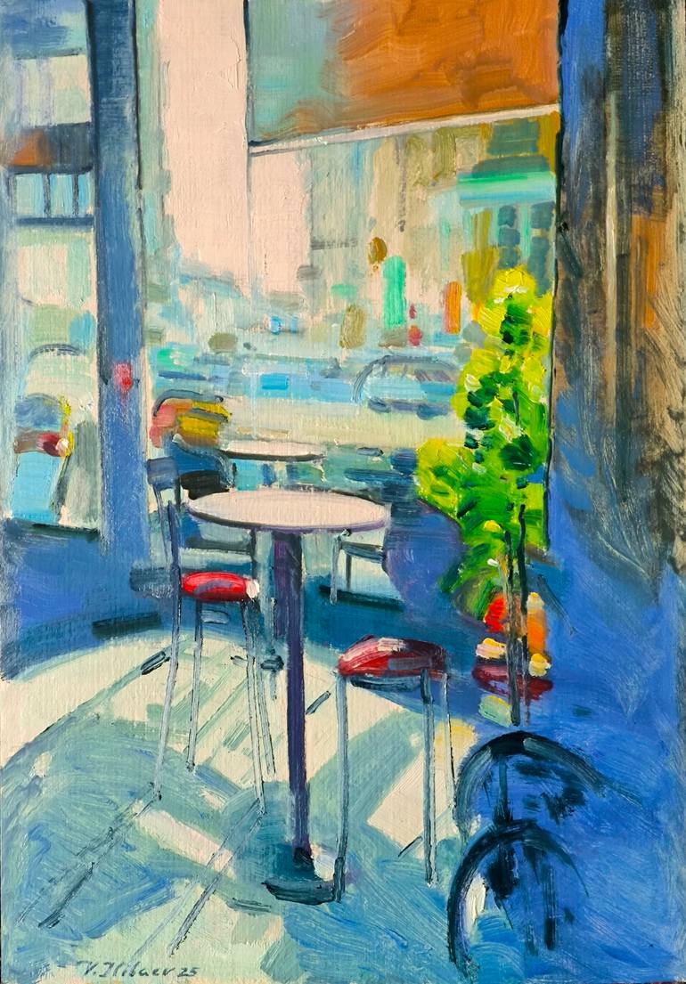 Original Other Painting by Vladimirs Ilibajevs | Contemporary Art on Pressed Cardboard | The interior of e cafe in Edinburgh.