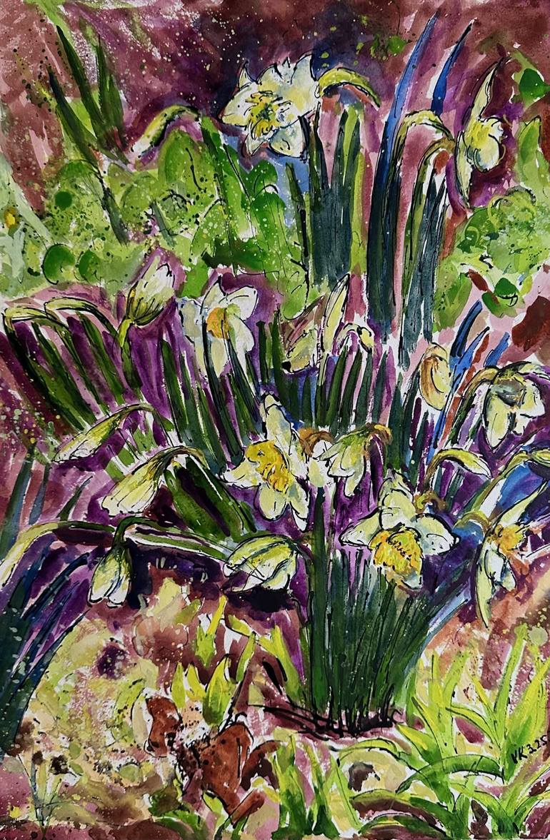 daffodils in Japanese vase Painting by Vladimir Kezerashvili