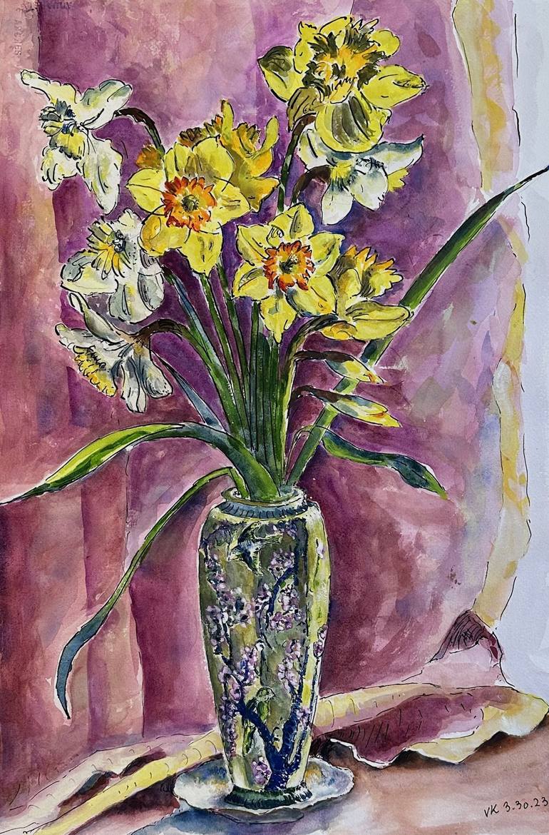 daffodils in Japanese vase Painting by Vladimir Kezerashvili
