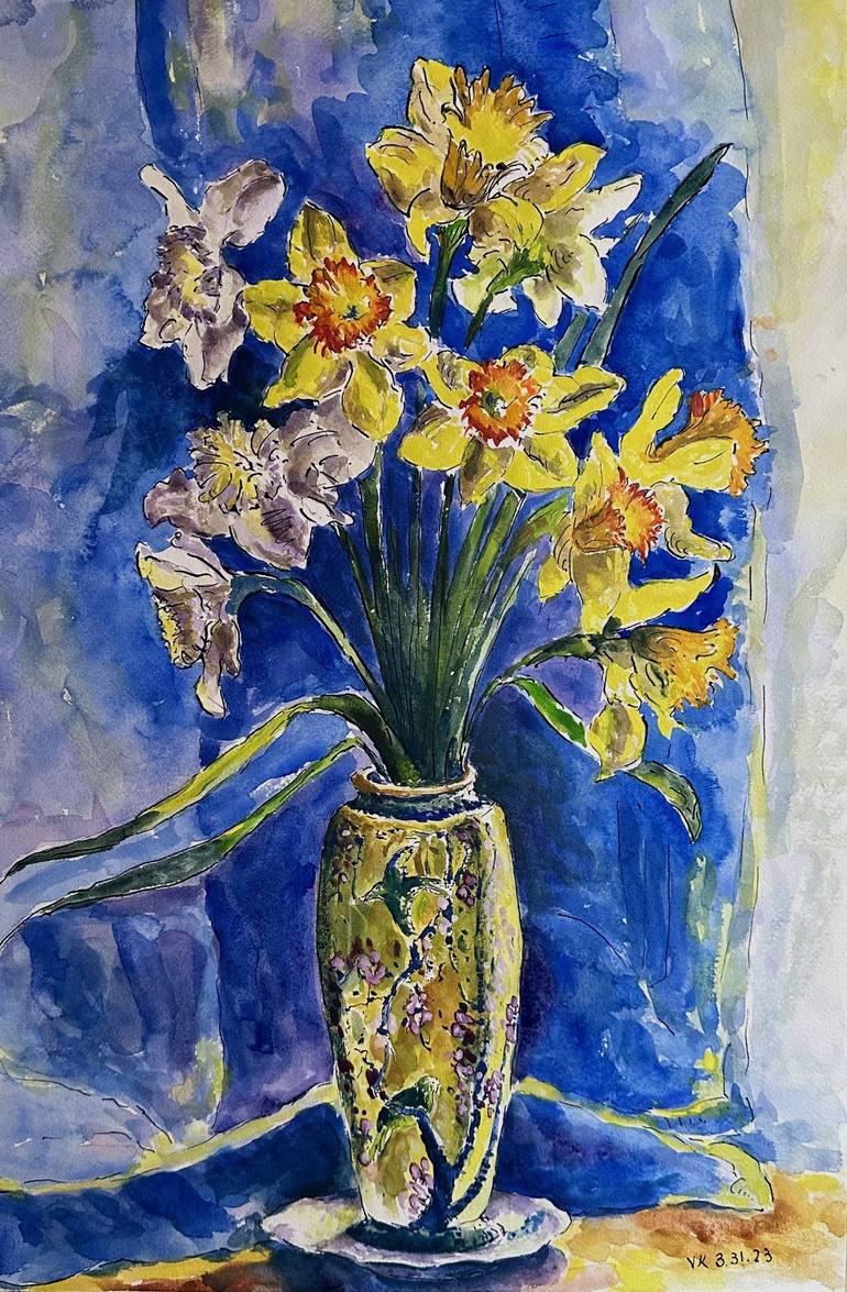 daffodils in Japanese vase - Print
