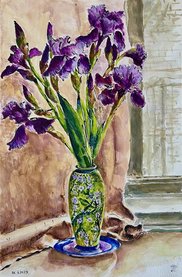 irises in a Japanese vase Painting by Vladimir Kezerashvili