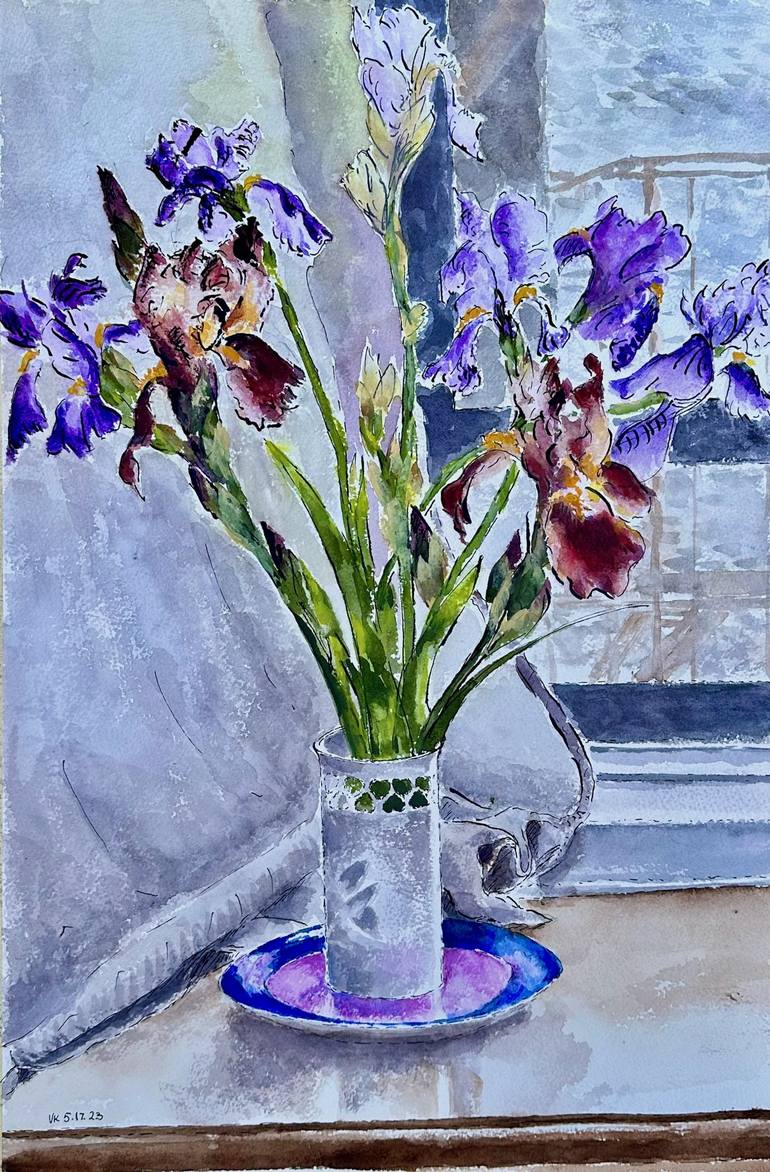 irises in a Japanese vase Painting by Vladimir Kezerashvili