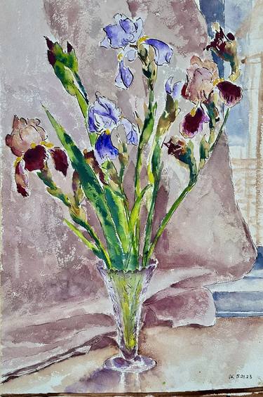 irises in a crystal vase thumb