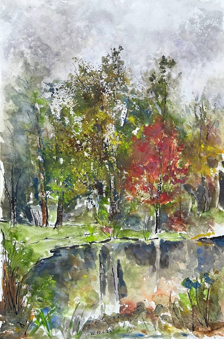 Original Landscape Painting by V Kezerashvili | Expressionism Art on Paper | Autumn by the lake in Hyde Park