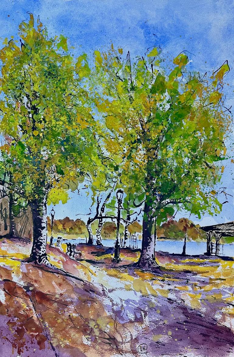 Original Landscape Painting by V Kezerashvili | Figurative Art on Paper | Alley along the lake - Brookly Prospect Park