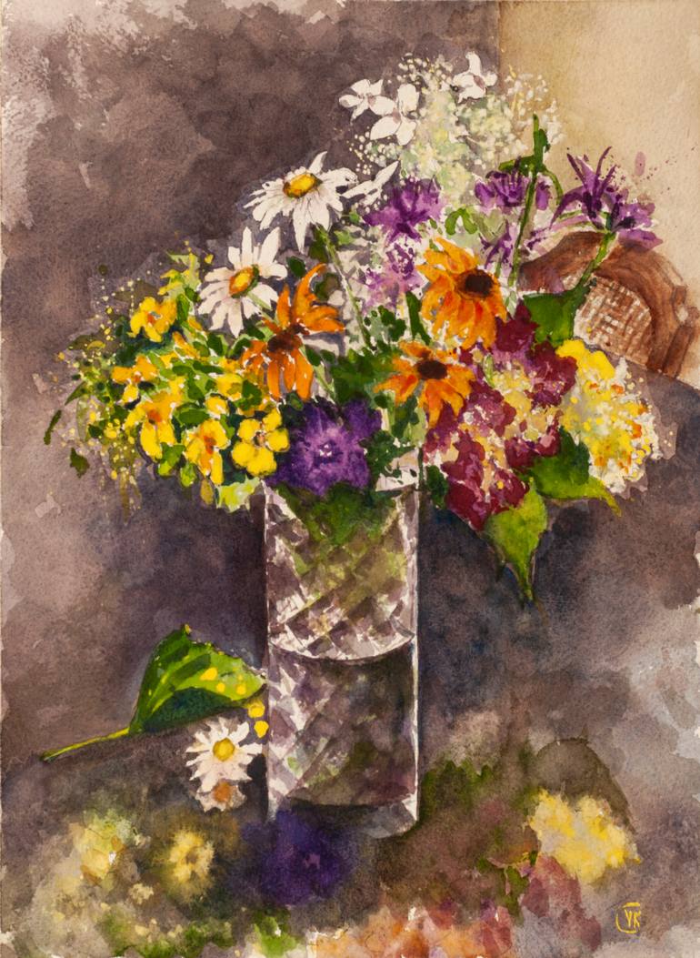 Still Life with Wildflowers in Crystal Glass Painting by V Kezerashvili ...