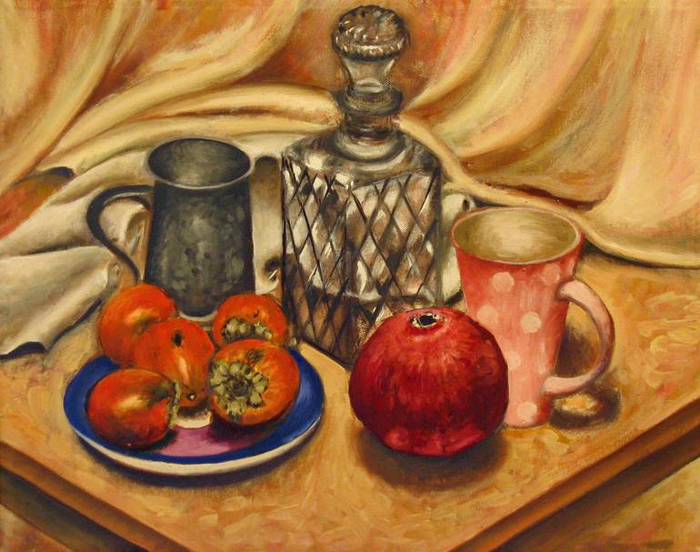 Still life with persimmons and pomegranate Painting by V Kezerashvili ...