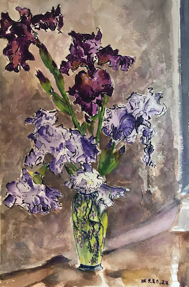 Irises in Japanese vase Painting by V Kezerashvili | Saatchi Art
