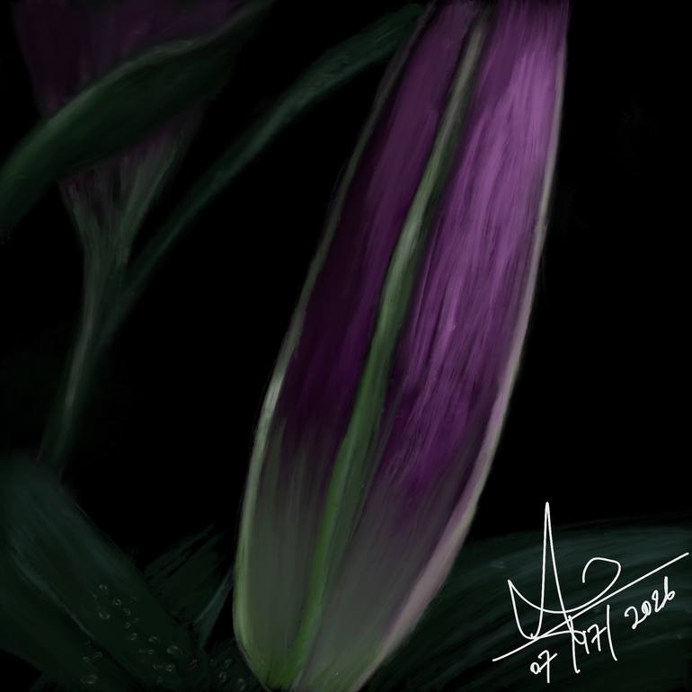 Original Floral Painting by Andre Flyn | Digital Art Art on Paper | Violet Emergence - Purple Lily Night Time Edition