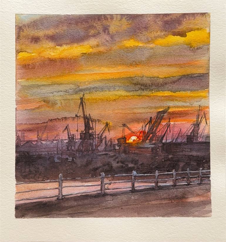 Original Landscape Painting by Liudmyla Koval | Impressionism Art on Paper | Sunset in the Harbor