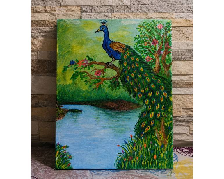 Original Animal Painting by Saranya E | Abstract Expressionism Art on Canvas | Majestic Peacock by the lake