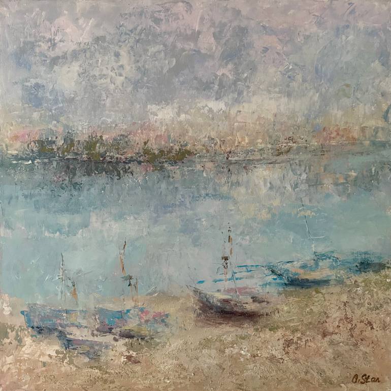 Original Boat Painting by Olena Stankevych | Abstract Art on Canvas | BOATS BY THE BLUE LAKE