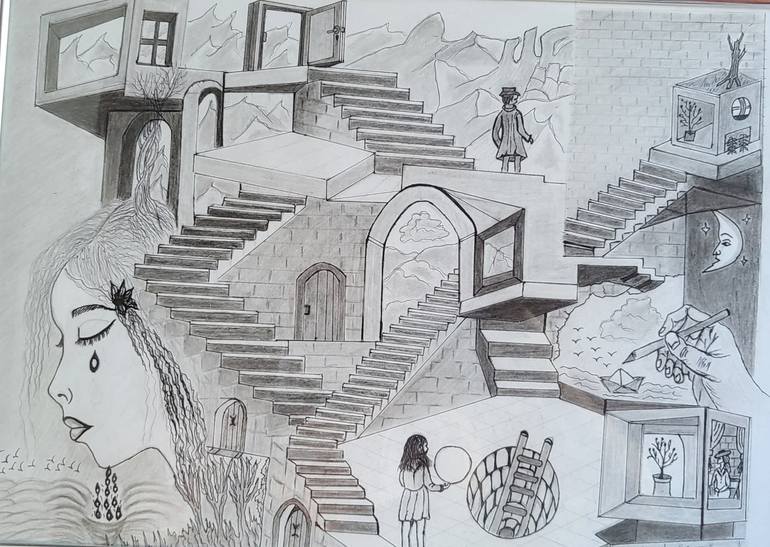 Original Architecture Drawing by Elena Firica | Black & White Art on Paper | The Ink and Illustrations: Escher homage