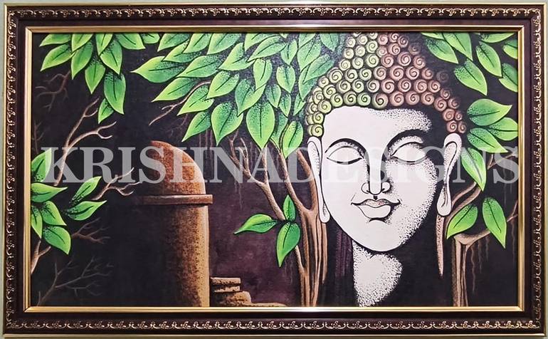 Original Famous Painting by Krishna Designs | Art Deco Art on Canvas | Lord Buddha under the lush canopy of a Bodhi tree