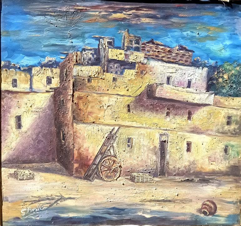 Original Architecture Painting by Assem Khaled | Impressionism Art on Canvas | The midday sun and the door of the past