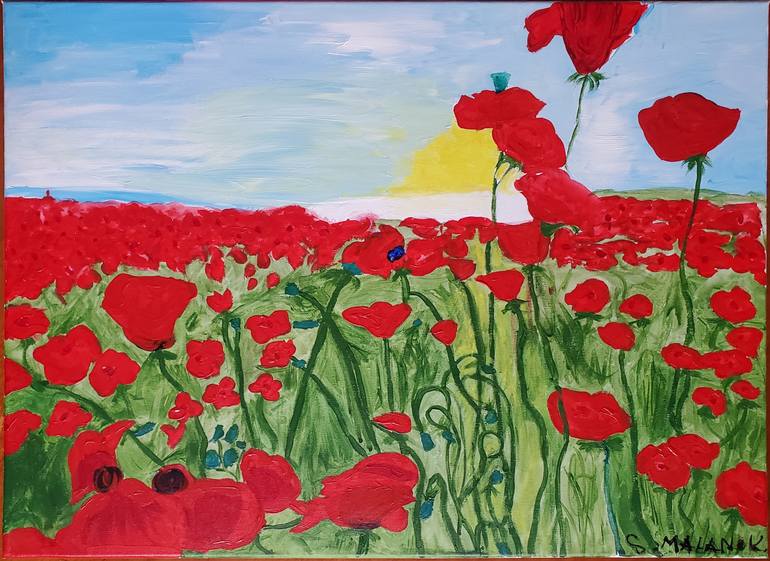 Original Floral Drawing by Sabina Malanok | Color Field Painting Art on Other | "Red Poppy and red bird"