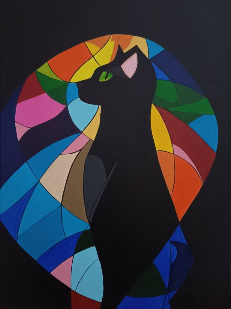 Original Other Painting by Nark Aymerich | Abstract Expressionism Art on Canvas | Cat In The Night