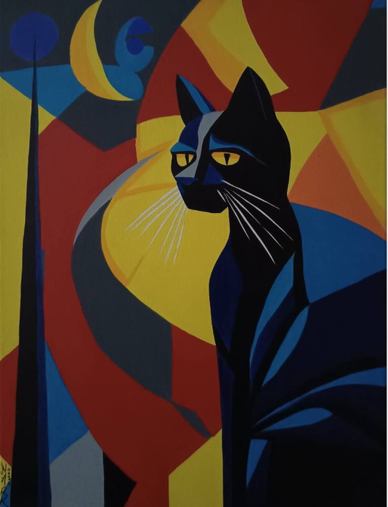 Original Other Painting by Nark Aymerich | Abstract Expressionism Art on Canvas | Cat In The Night II