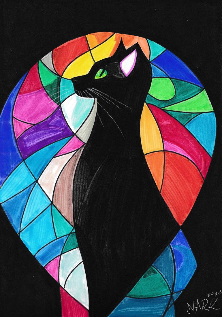 Original Animal Drawing by Nark Aymerich | Abstract Expressionism Art on Paper | Cat In The Night