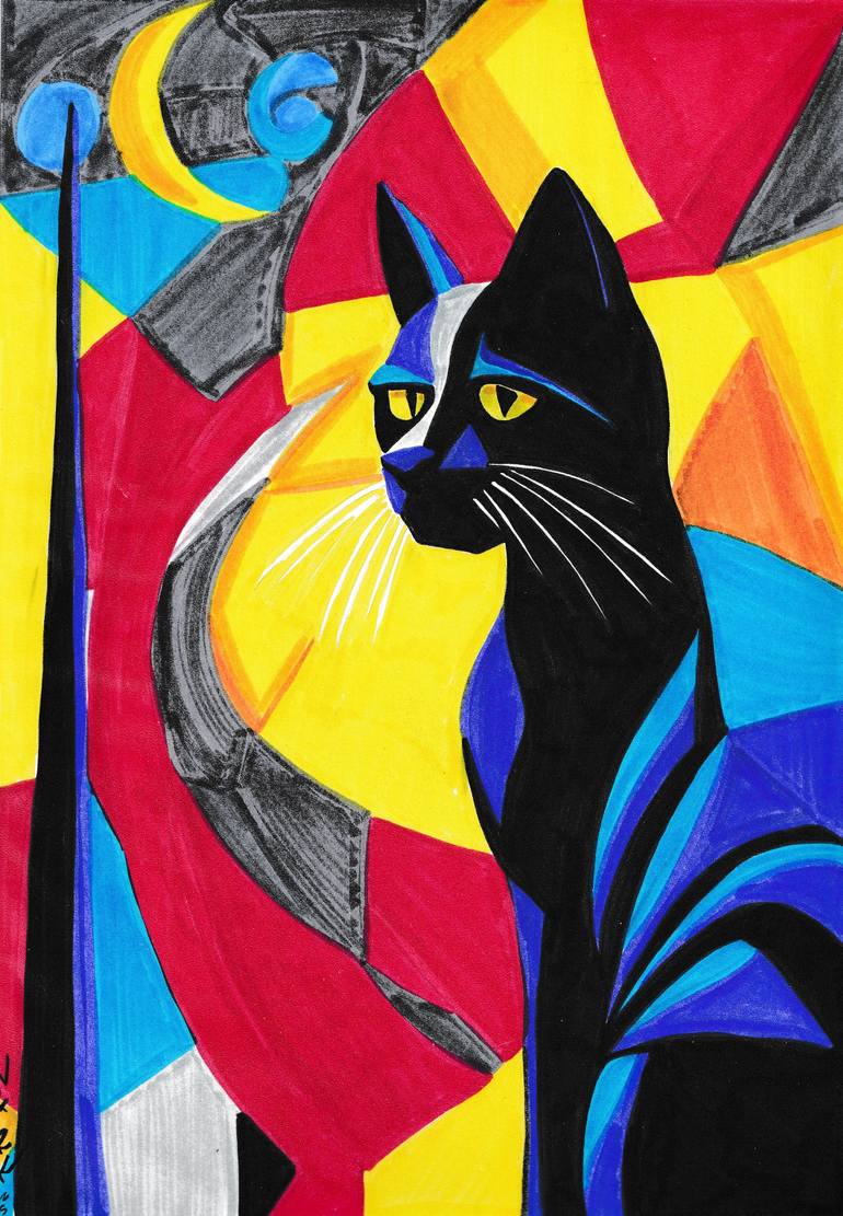 Original Animal Drawing by Nark Aymerich | Abstract Expressionism Art on Paper | Cat In The Night II