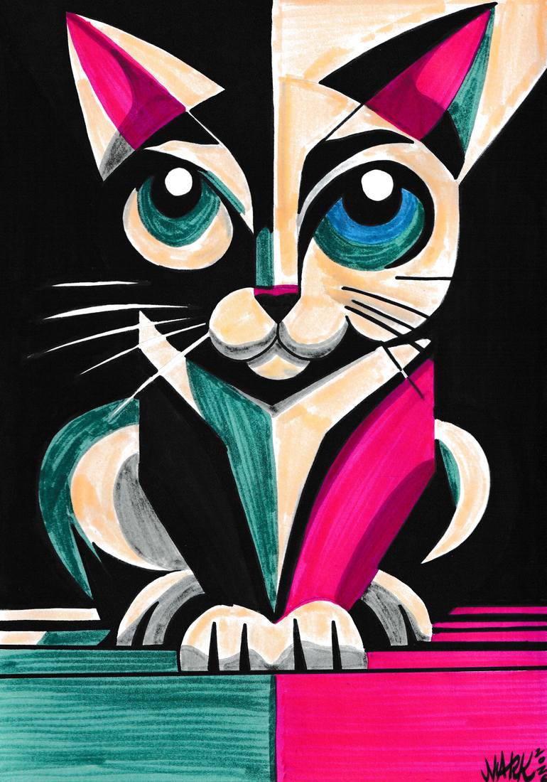 Original Animal Drawing by Nark Aymerich | Abstract Expressionism Art on Paper | The Guardian Of The Shadows