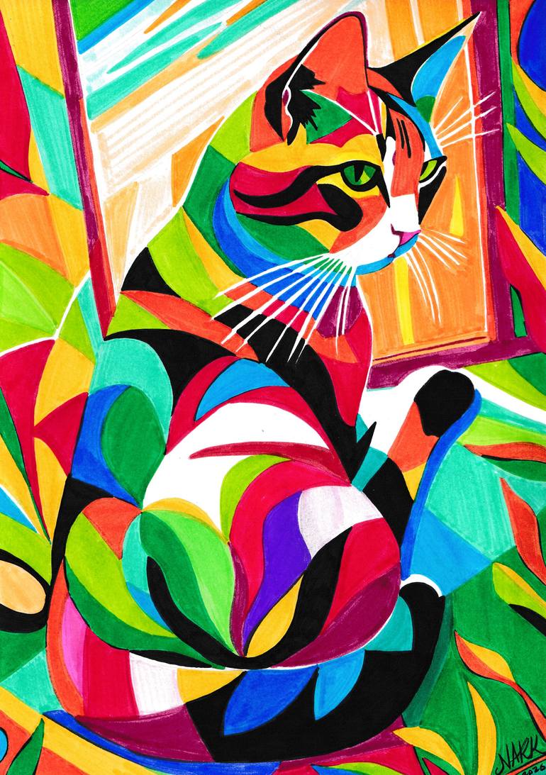 Original Cats Drawing by Nark Aymerich | Abstract Expressionism Art on Paper | The Guardian Of Silence