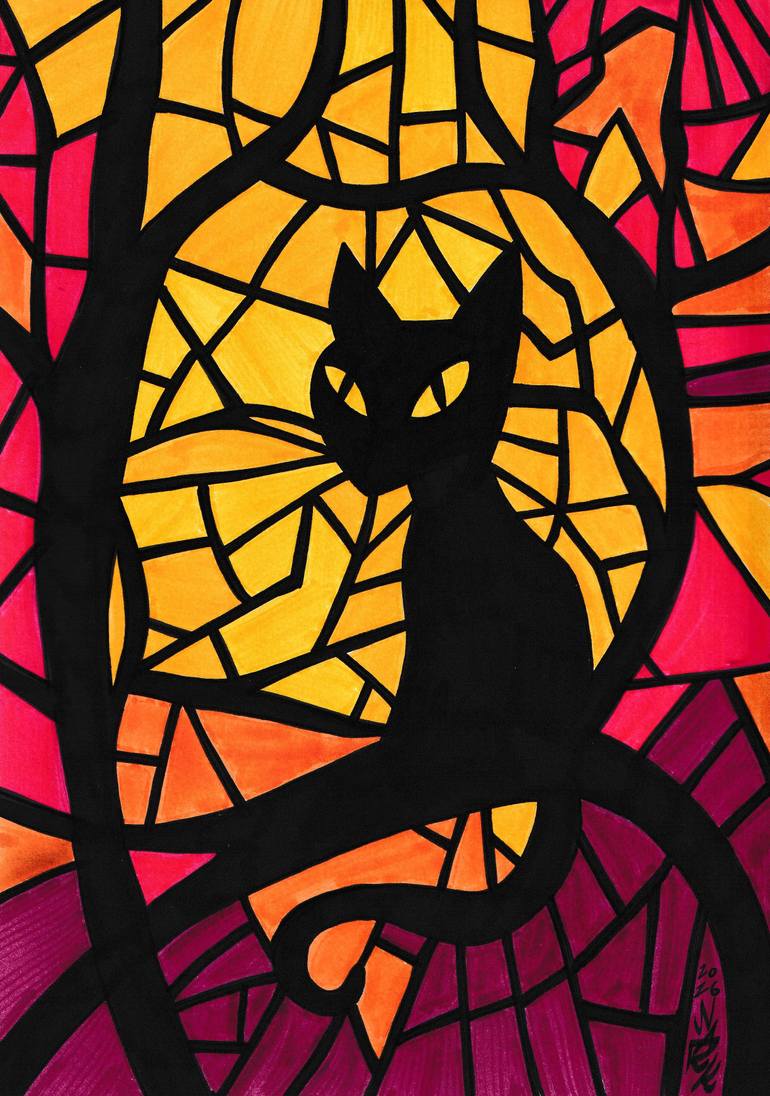 Original Cats Drawing by Nark Aymerich | Abstract Expressionism Art on Paper | The Guardian Of The Light
