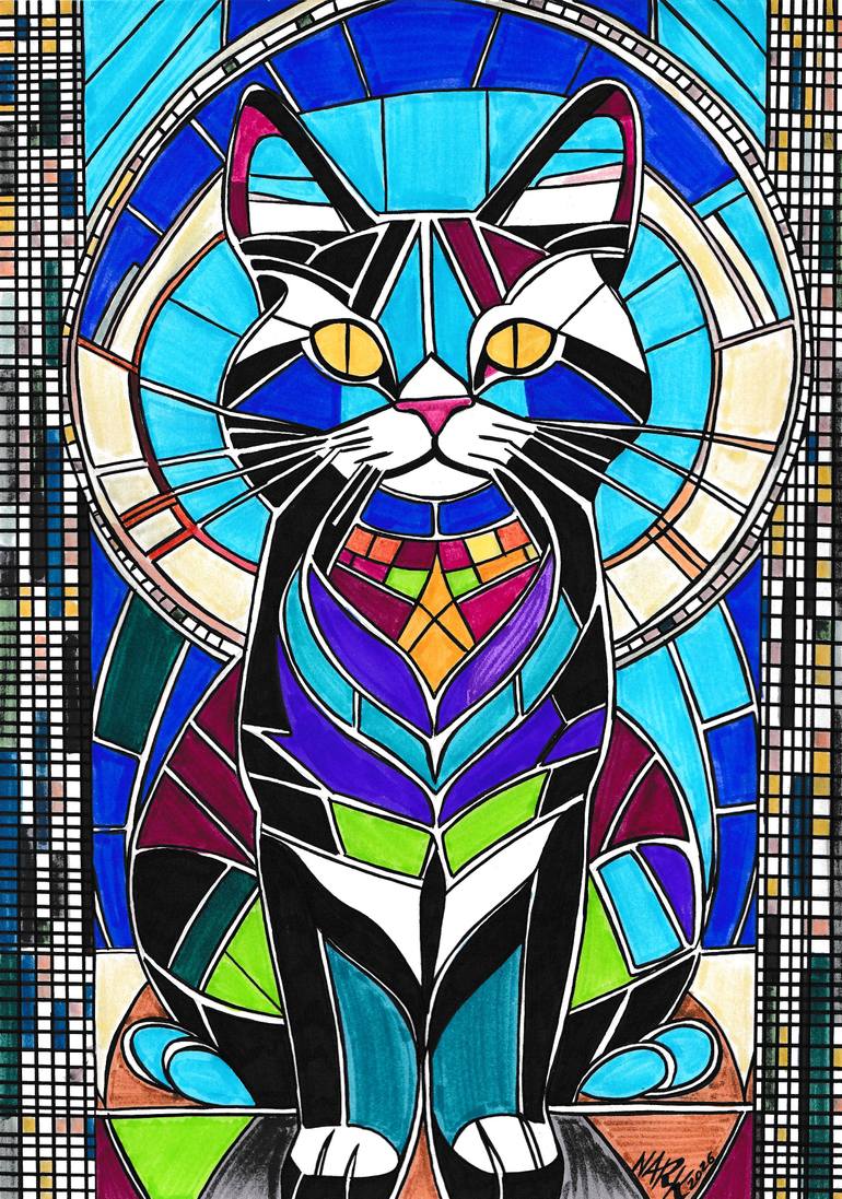 Original Animal Drawing by Nark Aymerich | Abstract Expressionism Art on Paper | The Guardian Of The Stained-Glass Window