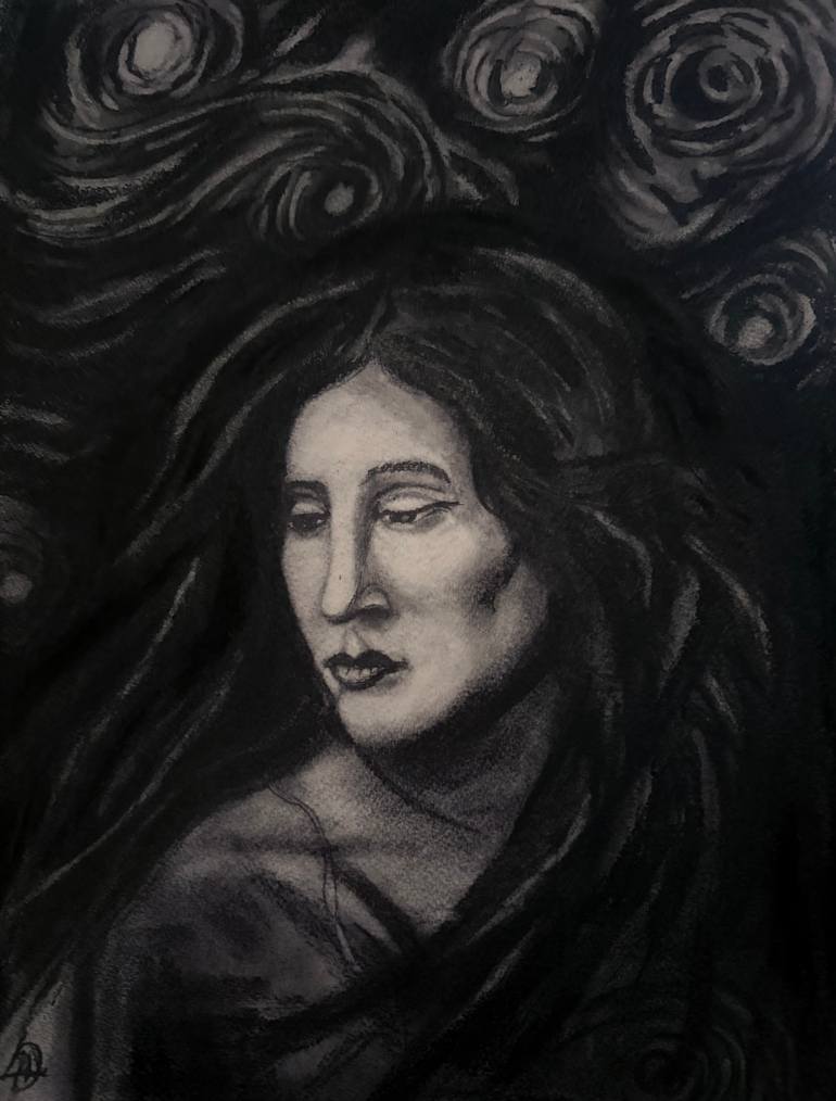 Original Fantasy Drawing by Elena-liliana Dumitru | Black & White Art on Paper | Echoes of the Night