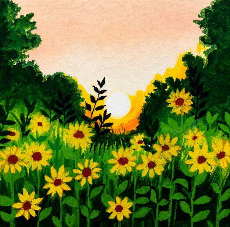 Original Sunset Painting by Sumaia Meem | Expressionism Art on Canvas | The Secret Sunflower Field