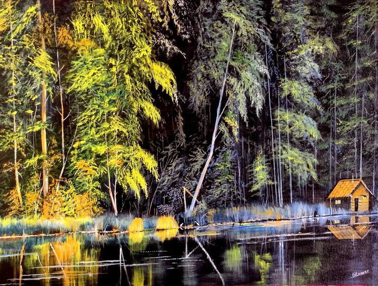 Original Landscape Painting by Narendra Kumar Ahirwar | Vintage Art on Canvas | Serenity by the Lake