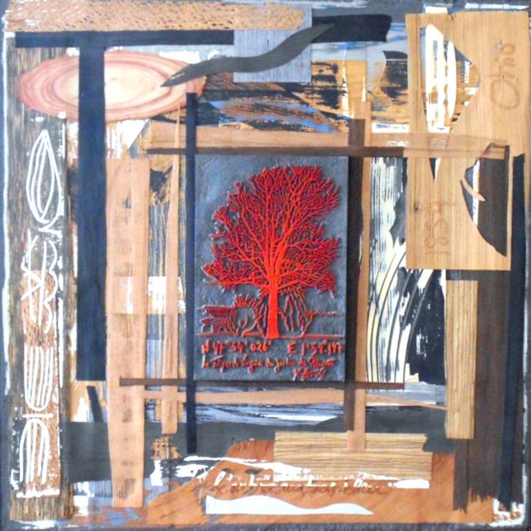 Original Nature Mixed Media by Yann Hervis | Contemporary Art on Wood | "The tulip tree of the Jardin des Plantes" Engraved compression